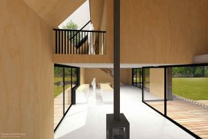 Duurzame vrijstaande particuliere zelfbouw gezinswoning (interieur met zicht naar bovenverdieping) - Blackhouse | Eustace Architectuur