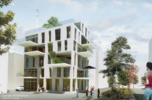 Duurzame CPO zelfbouw loft appartementen (perspectief gevelbeeld) - Loft casco appartementen | Eustace Architectuur