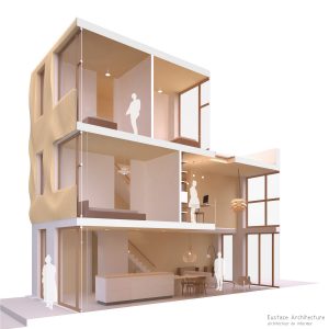 Duurzame particuliere zelfbouw gezinswoning (doorsnede B) - Casa Madera | Eustace Architecture